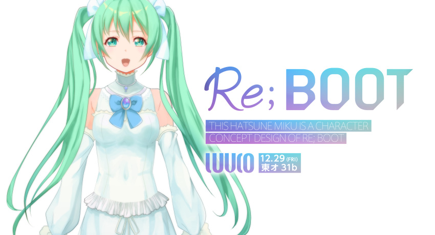 1girl :d blue_neckwear bow character_name covered_navel detached_sleeves floating_hair frilled_shirt frills green_eyes grey_hair hair_between_eyes hair_bow hatsune_miku highres long_hair long_sleeves looking_at_viewer open_mouth ribbon shiny shiny_hair shirt simple_background sleeveless sleeveless_shirt smile solo standing twintails very_long_hair vesper_(pixiv3568) vocaloid white_background white_bow white_ribbon white_shirt white_sleeves
