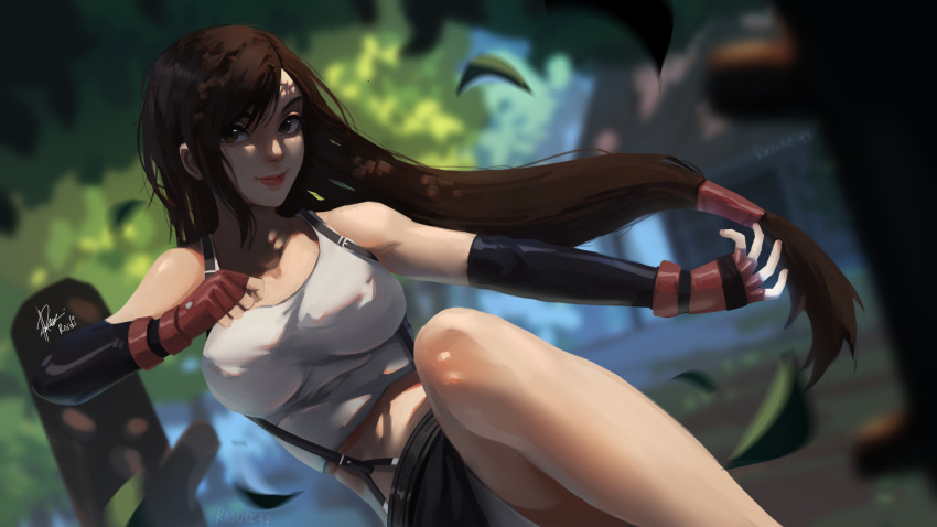 1girl breasts brown_eyes brown_hair commentary dappled_sunlight day detached_sleeves english_commentary fighting_stance final_fantasy final_fantasy_vii fingerless_gloves gloves highres kicking lips long_hair looking_at_viewer low-tied_long_hair medium_breasts midriff nose pencil_skirt red_gloves rosdi signature skirt solo sunlight suspenders tank_top tifa_lockhart very_long_hair