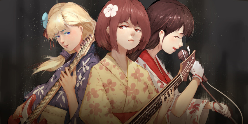 3girls absurdres blonde_hair blue_eyes bow brown_eyes brown_hair closed_eyes eyeshadow firefly_matsuri floral_print flower gloves grey_background guitar hair_bow hair_flower hair_ornament highres holding holding_microphone instrument japanese_clothes kimono long_hair makeup microphone multiple_girls music plectrum red_bow ronnie_choy short_hair singing upper_body white_gloves wide_sleeves