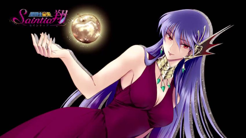 1girl black_background breasts choker cleavage copyright_name dress dutch_angle earrings end_card evening_gown eyebrows_visible_through_hair floating_hair golden_apple hair_between_eyes hair_ornament jewelry long_hair looking_at_viewer medium_breasts official_art purple_hair red_dress red_eyes sideboob simple_background sleeveless sleeveless_dress smile solo standing very_long_hair