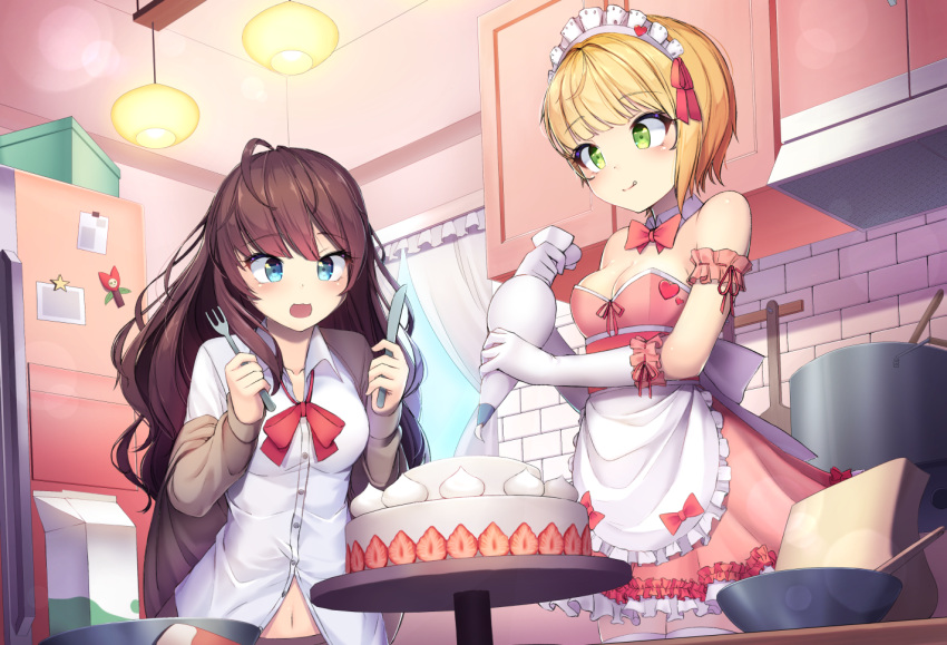 2girls ahoge apron bangs bare_shoulders blue_eyes blush bow breasts brown_hair brown_jacket cake cleavage commentary dot_nose dress eyebrows_visible_through_hair food fork fruit gloves green_eyes heart holding ichinose_shiki idolmaster idolmaster_cinderella_girls idolmaster_cinderella_girls_starlight_stage indoors jacket kitchen knife lamp large_breasts long_hair long_sleeves maid maid_dress maid_headdress medium_breasts messy_hair milk_carton miyamoto_frederica multiple_girls navel off_shoulder pink_dress raizen_(jung_0000) red_bow red_heart red_neckwear shirt short_hair short_sleeves sleeveless strapless strawberry thigh-highs tongue tongue_out upper_body white_apron white_gloves white_headdress white_legwear white_shirt
