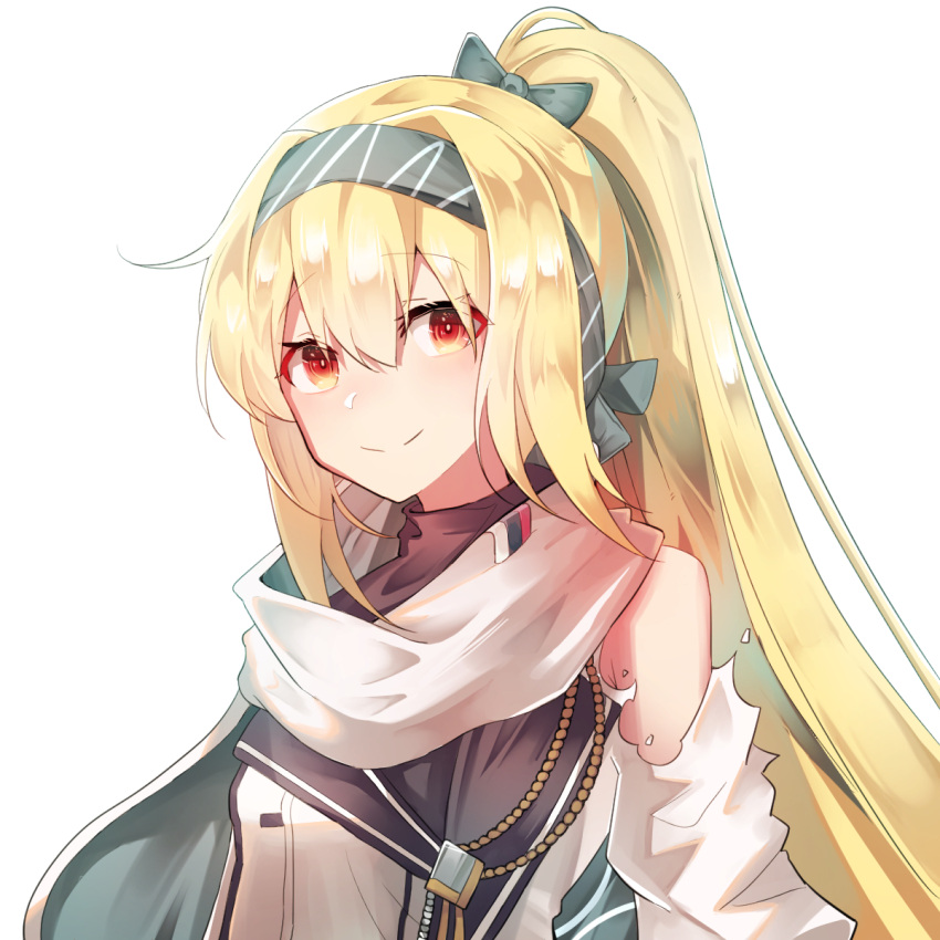 1girl bangs blonde_hair blush girls_frontline grey_hairband hair_between_eyes hairband highres long_hair looking_at_viewer meow_nyang mod3_(girls_frontline) ponytail red_eyes scarf sidelocks simple_background smile solo sv-98_(girls_frontline) torn_clothes upper_body white_background white_scarf