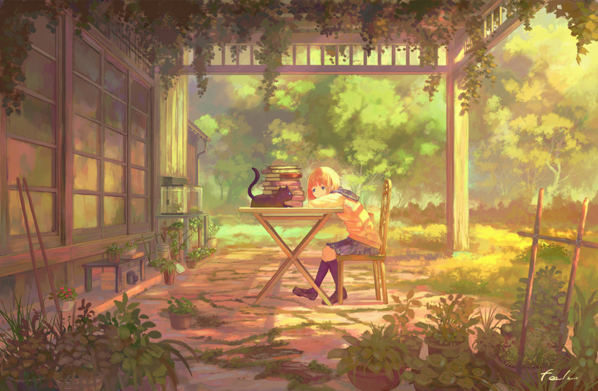 1girl aquarium black_cat black_footwear black_legwear blue_skirt book_stack brown_hair building cat chair commentary_request day feel_(nasitaki) forest grass house kneehighs loafers looking_at_another nature original outdoors plant pleated_skirt potted_plant scenery school_uniform shoes short_hair signature skirt solo sunlight sweater table tree wide_shot