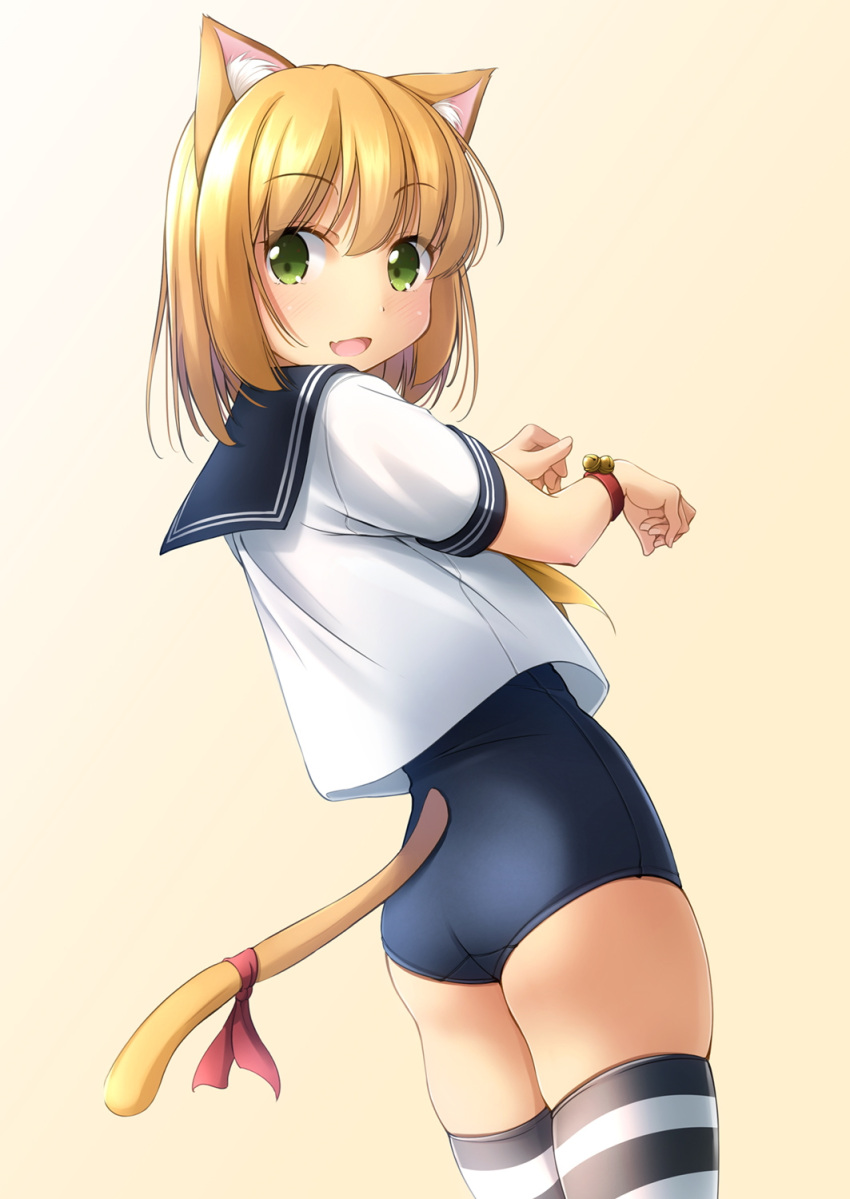 1girl animal_ears ass beige_background black_sailor_collar blonde_hair blue_swimsuit cat_ears cat_tail cowboy_shot fang from_behind gradient gradient_background green_eyes highres open_mouth original paw_pose sailor_collar sailor_shirt school_swimsuit school_uniform serafuku shibacha shirt short_ponytail skin_fang smile solo standing striped striped_legwear swimsuit tail thigh-highs white_shirt