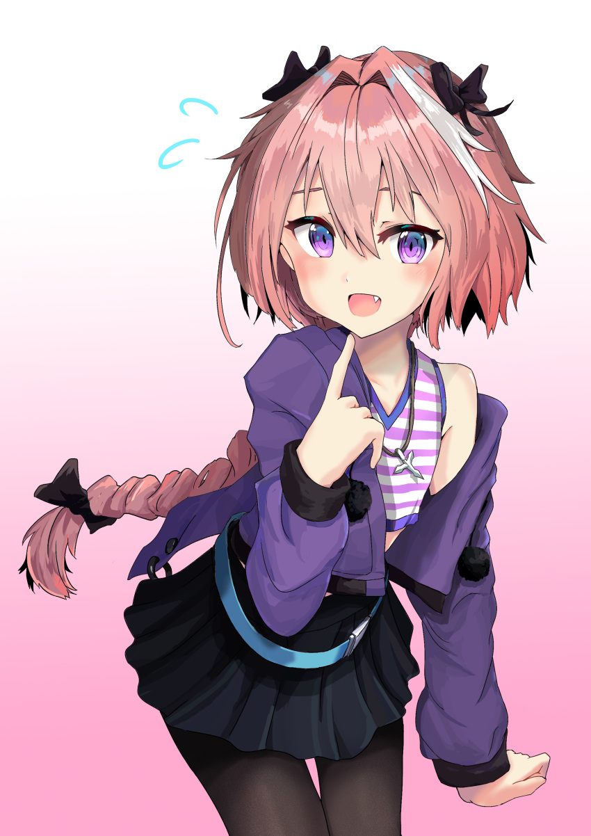 1boy absurdres astolfo_(fate) black_bow black_legwear black_skirt blue_eyes blush bow commentary_request eyebrows_visible_through_hair fang fate/apocrypha fate/grand_order fate_(series) hair_between_eyes hair_bow highres jacket jtleeklm long_sleeves looking_at_viewer off_shoulder otoko_no_ko pantyhose pink_hair pleated_skirt pointing pointing_at_self ponytail purple_jacket shirt simple_background skirt solo striped striped_shirt