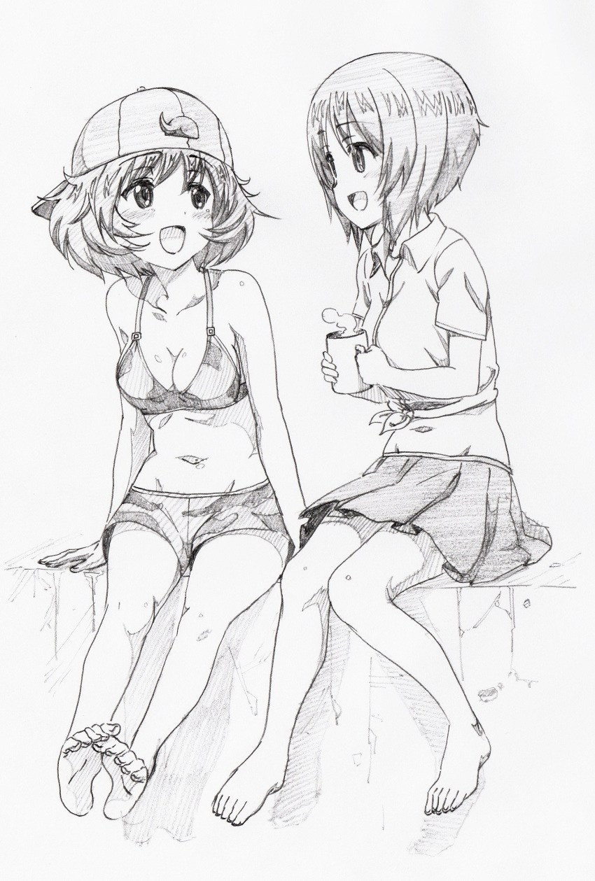 2girls :d absurdres akiyama_yukari arm_support backwards_hat bangs barefoot baseball_cap bikini bikini_shorts breasts camouflage camouflage_bikini cleavage collarbone commentary cup eyebrows_visible_through_hair front-tie_top girls_und_panzer graphite_(medium) greyscale groin hat highres holding holding_cup light_blush looking_at_another medium_breasts messy_hair midriff miniskirt monochrome mug multiple_girls navel nishizumi_miho open_mouth pink_x pleated_skirt shirt short_hair short_sleeves shorts sitting skirt smile steam swimsuit t-shirt traditional_media