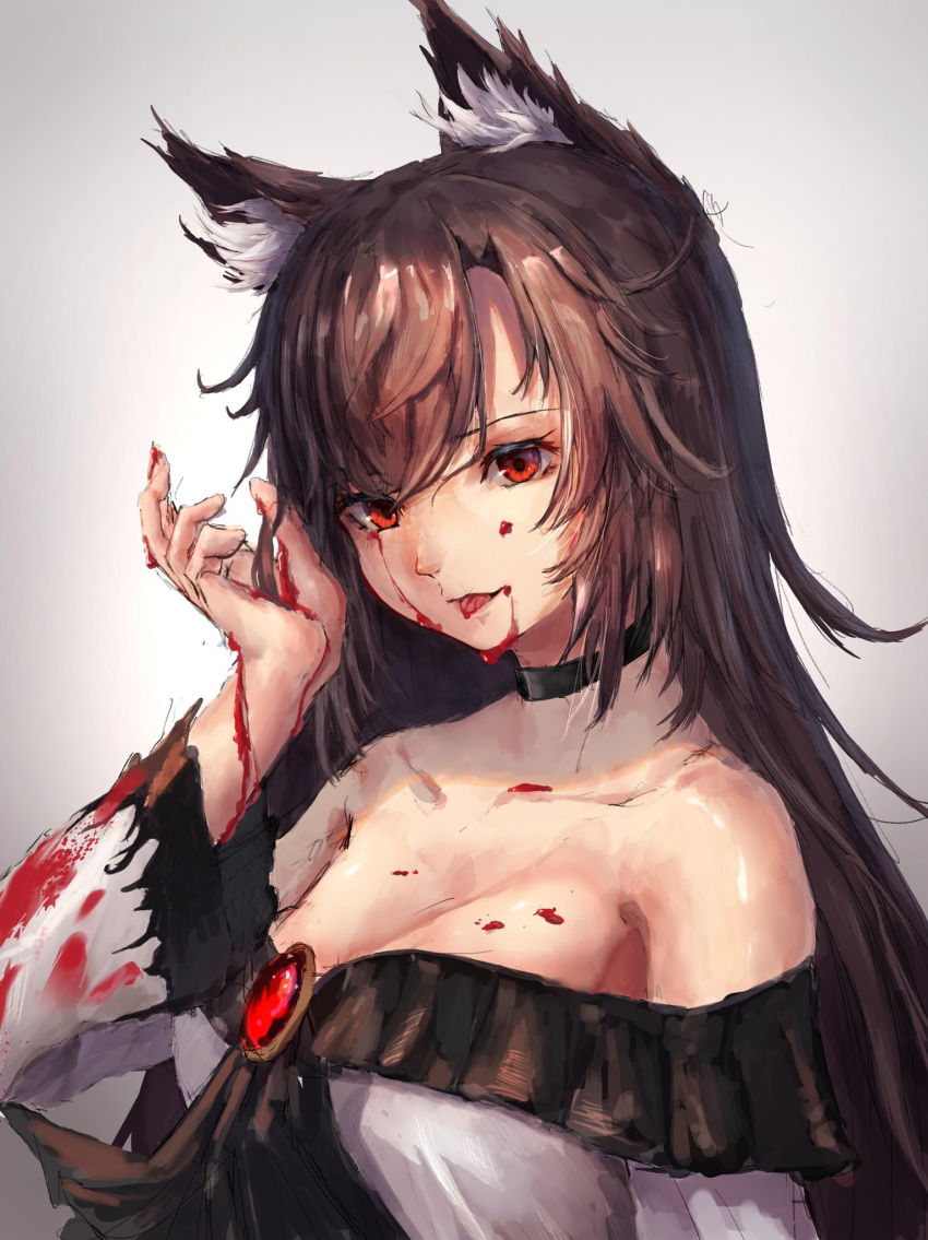 1girl animal_ear_fluff animal_ears bangs bare_shoulders black_choker blood blood_on_face bloody_clothes bloody_hands breasts brooch brown_hair choker cleavage collarbone commentary_request dress gradient gradient_background grey_background hand_up highres imaizumi_kagerou jewelry long_hair long_sleeves looking_at_viewer manichi off-shoulder_dress off_shoulder red_eyes sketch smile solo tongue tongue_out touhou upper_body very_long_hair white_dress wide_sleeves wolf_ears