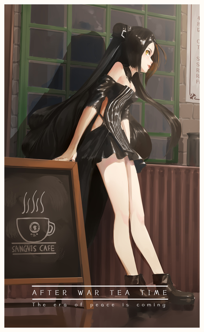 1girl absurdres bare_shoulders black_dress black_footwear black_hair breasts cleavage day dreamer_(girls_frontline) dress english_text full_body girls_frontline highres long_hair medium_breasts outdoors parted_lips reflection ronnie_choy sangvis_ferri shadow shoes sign solo standing twintails very_long_hair window yellow_eyes