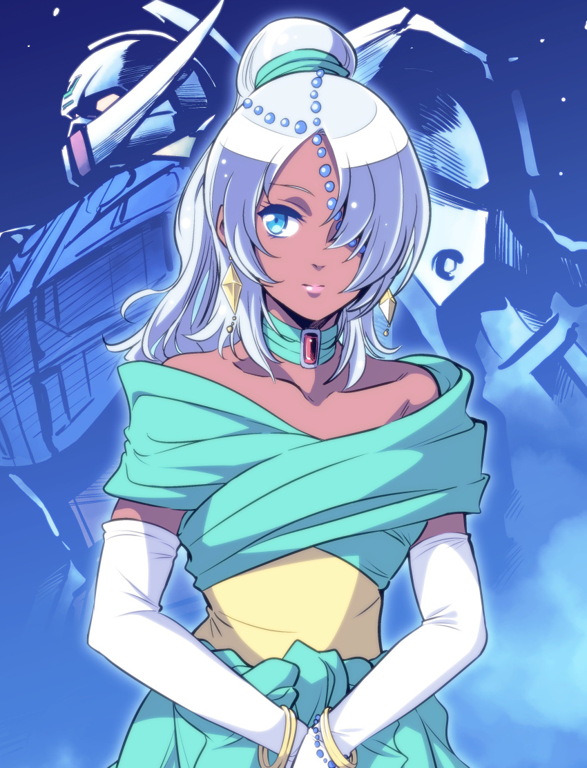 1boy absurdres blue_eyes bracelet crossdressinging dark_skin dress earrings elbow_gloves gloves gundam hair_over_one_eye highres ishiyumi jewelry laura_rolla loran_cehack mecha otoko_no_ko turn_a_gundam turn_a_gundam_(mobile_suit) white_hair