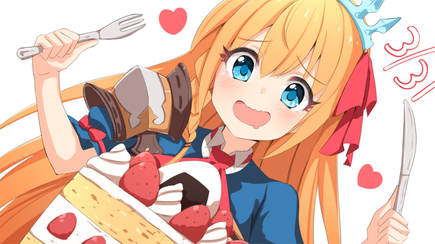 1girl :d ame. ascot bangs blue_eyes blush braid cake commentary_request dated drooling dutch_angle eyebrows_visible_through_hair food fork fruit hair_between_eyes hair_ribbon heart holding holding_fork holding_knife knife long_hair mouth_drool onigiri open_mouth orange_hair pecorine princess_connect! princess_connect!_re:dive puffy_short_sleeves puffy_sleeves red_neckwear red_ribbon ribbon short_sleeves side_braid simple_background single_braid single_pauldron smile solo strawberry tiara white_background