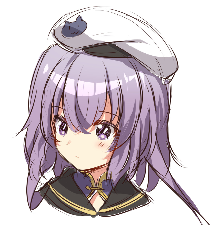 1girl bangs beret black_sailor_collar blush character_request closed_mouth cropped_shoulders eyebrows_visible_through_hair hair_between_eyes hat highres jiang-ge long_hair looking_away looking_to_the_side portrait purple_hair sailor_collar simple_background sketch solo violet_eyes warship_girls_r white_background white_headwear