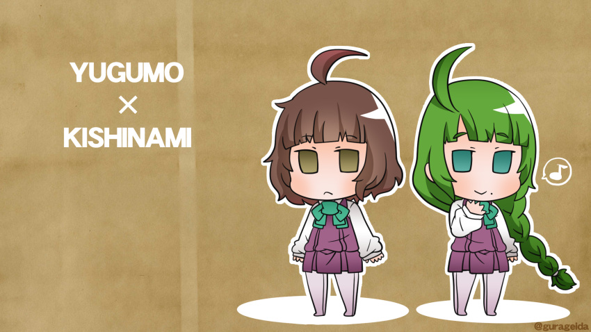 2girls ahoge bangs blush bow braid brown_background brown_eyes brown_hair character_name chibi closed_mouth dress eyebrows_visible_through_hair green_background green_bow green_eyes green_hair gurageida highres kantai_collection kishinami_(kantai_collection) long_hair long_sleeves looking_at_viewer mole multiple_girls no_shoes outline pantyhose pleated_dress purple_dress purple_legwear shirt single_braid sleeveless sleeveless_dress sleeves_past_wrists smile standing very_long_hair white_outline white_shirt yuugumo_(kantai_collection)