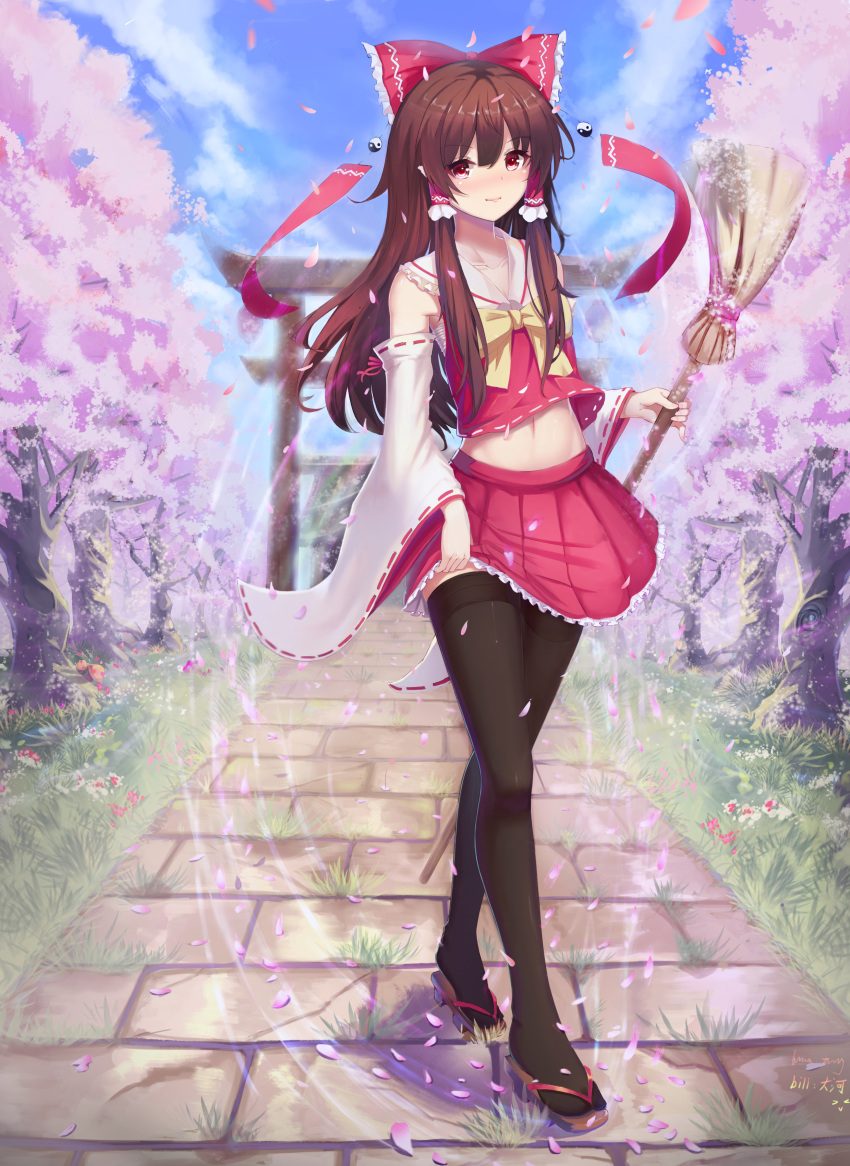 1girl absurdres bangs bare_shoulders black_legwear blue_sky blush bow brick_road broom brown_footwear brown_hair cherry_blossoms clouds collarbone commentary_request crop_top dahe_zhuang_(yishi_fanhua) day detached_sleeves eyebrows_visible_through_hair flower frilled_bow frilled_shirt_collar frills full_body geta grass hair_between_eyes hair_bow hair_tubes hakurei_reimu highres holding holding_broom lifted_by_self long_hair long_sleeves looking_at_viewer midriff miniskirt mushroom navel nose_blush outdoors petals petticoat pleated_skirt rainbow red_bow red_eyes red_flower red_skirt ribbon-trimmed_sleeves ribbon_trim sarashi sidelocks signature skirt skirt_lift sky smile solo standing stomach thigh-highs thighs torii touhou tree wide_sleeves yellow_bow yellow_neckwear yin_yang