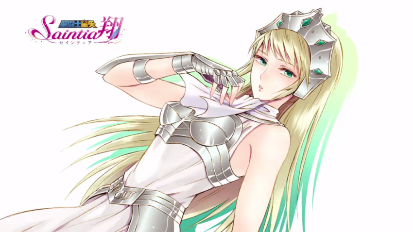 1girl armor armored_dress blonde_hair boobplate breastplate copyright_name dress end_card faulds fingerless_gloves floating_hair gauntlets gloves green_eyes headpiece long_hair looking_at_viewer official_art parted_lips shadow simple_background sleeveless sleeveless_dress solo standing very_long_hair white_background white_dress white_neckwear