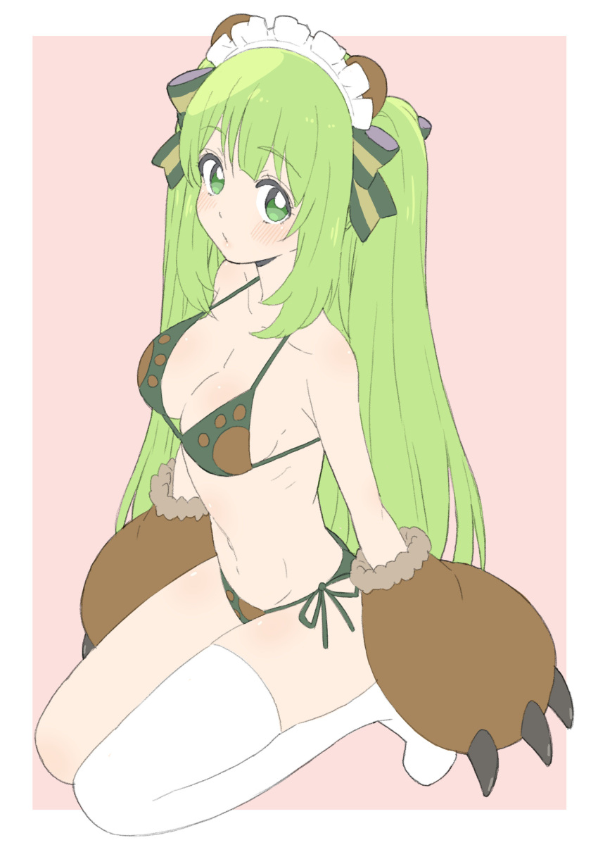 1girl absurdres animal_ears animare armpits bangs bear_ears bikini black_bikini blush breasts collarbone donguri_suzume eyebrows from_above gloves green_eyes green_hair groin hair_ribbon headdress highres hinokuma_ran large_breasts long_hair looking_at_viewer midriff navel parted_lips paw_gloves paws pink_background ribbon ribs seiza side-tie_bikini simple_background single_thighhigh sitting solo swimsuit thigh-highs thighs twintails very_long_hair virtual_youtuber