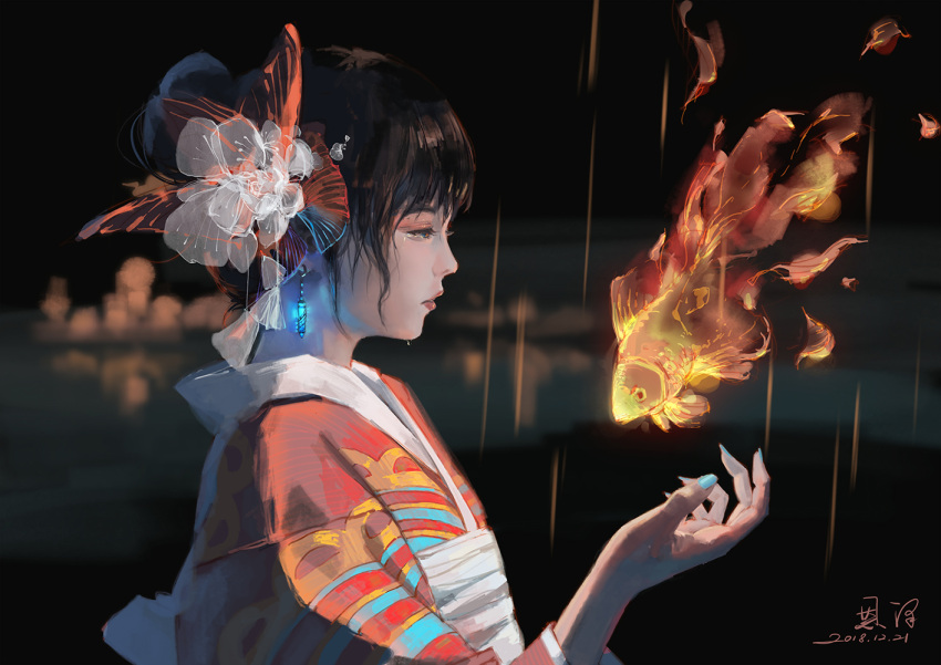 1girl black_hair blue_eyes blue_nails commentary_request dated earrings eyelashes fish goldfish hair_bun hair_ornament japanese_clothes jewelry kimono making-of_available nail_polish night obi original parted_lips print_kimono profile red_kimono sash signature solo tears upper_body xiaobanbei_milk yukata