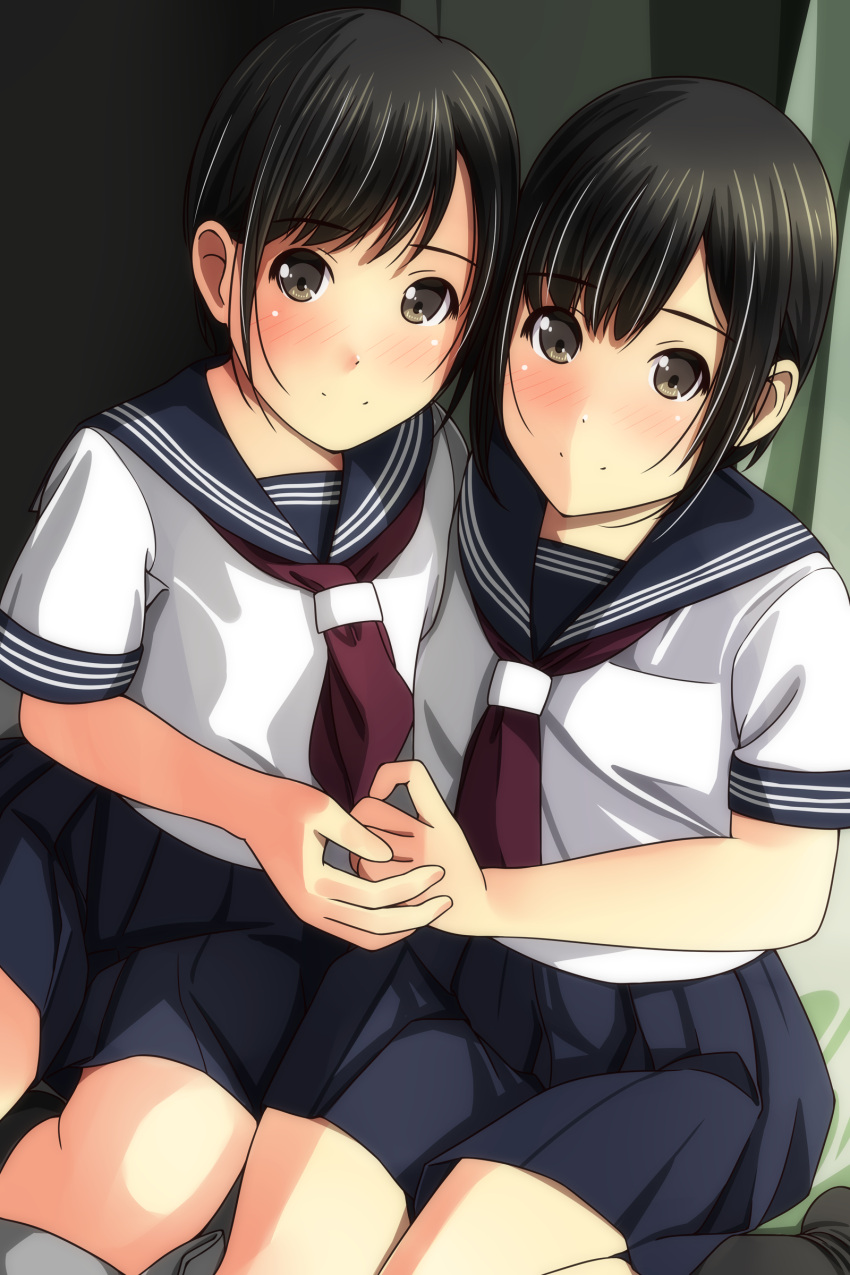 2girls absurdres bangs black_hair black_legwear black_sailor_collar black_skirt blush brown_eyes closed_mouth eyebrows_visible_through_hair hands_together highres kneehighs long_hair matsunaga_kouyou multiple_girls neckerchief nose_blush original pleated_skirt red_neckwear sailor_collar school_uniform serafuku shirt short_sleeves sitting skirt smile white_shirt