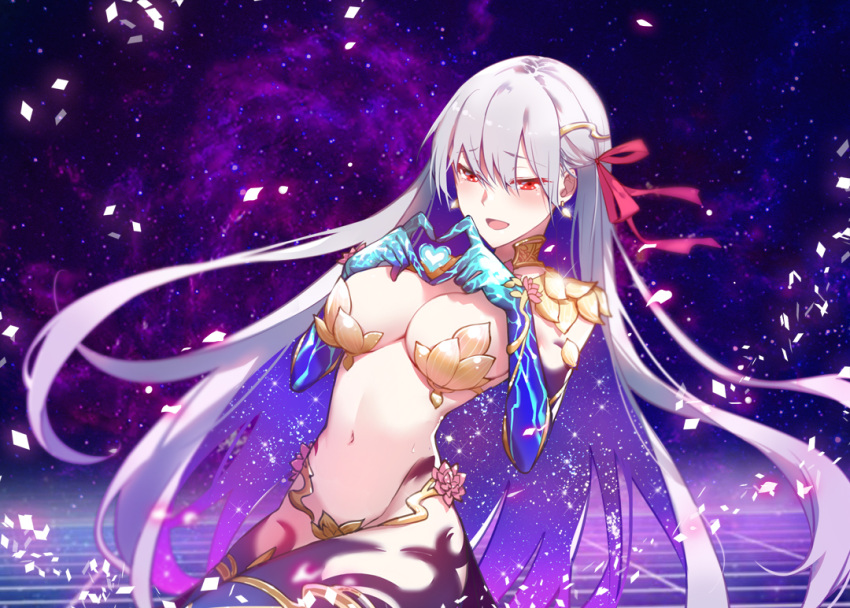 1girl black_legwear blush breasts choker cleavage double_exposure earrings elbow_gloves eyebrows_visible_through_hair fate/grand_order fate_(series) gloves hair_between_eyes hair_ribbon heart heart_hands highleg jewelry kama_(fate/grand_order) large_breasts long_hair navel open_mouth red_eyes revealing_clothes ribbon silver_hair smile solo very_long_hair xion32