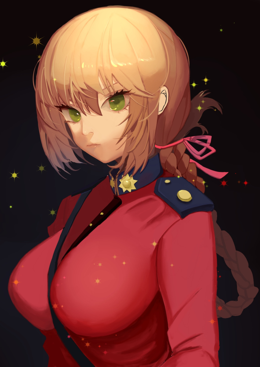 1girl black_background blonde_hair braid breasts fate/grand_order fate_(series) florence_nightingale_(fate/grand_order) green_eyes hair_between_eyes highres keijouno large_breasts looking_at_viewer military military_uniform pink_ribbon ribbon single_braid solo uniform upper_body