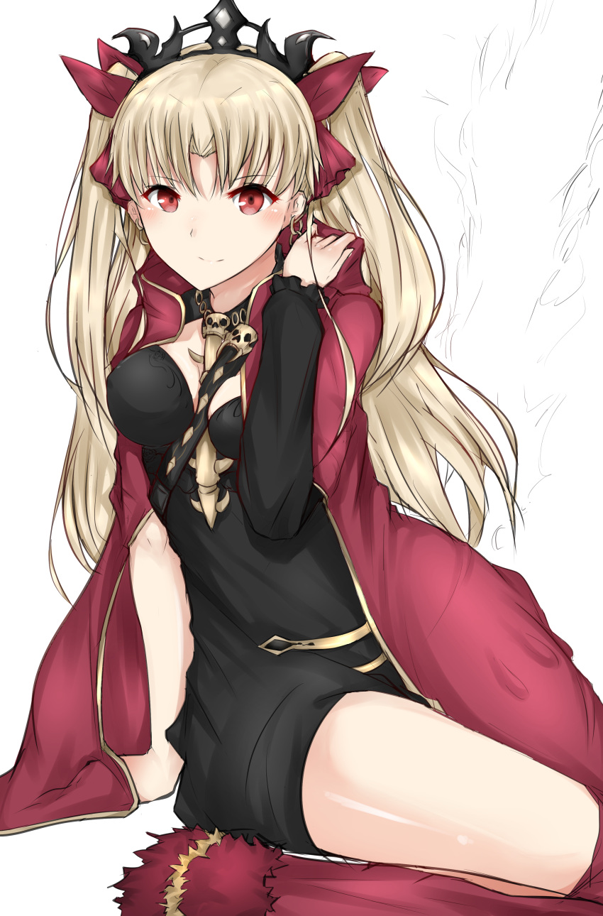 1girl absurdres arm_support asymmetrical_sleeves azarashi_(azrsot) bangs black_dress black_sleeves blonde_hair bow breasts cape choker cleavage diadem dress earrings ereshkigal_(fate/grand_order) fate/grand_order fate_(series) floating_hair hair_bow highres jewelry long_hair long_sleeves looking_at_viewer medium_breasts red_bow red_cape red_eyes shiny shiny_skin short_dress single_sleeve sitting smile solo twintails very_long_hair white_background