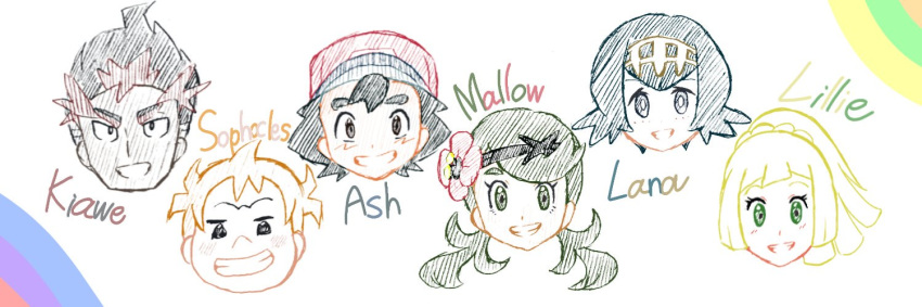 3boys 3girls black_eyes black_hair blonde_hair blue_eyes blue_hair brown_eyes character_name creatures_(company) dede_nnnn game_freak green_eyes green_hair kaki_(pokemon) lillie_(pokemon) mamane_(pokemon) mallow_(pokemon) multiple_boys multiple_girls nintendo orange_hair pokemon pokemon_(anime) pokemon_sm_(anime) satoshi_(pokemon) suiren_(pokemon)