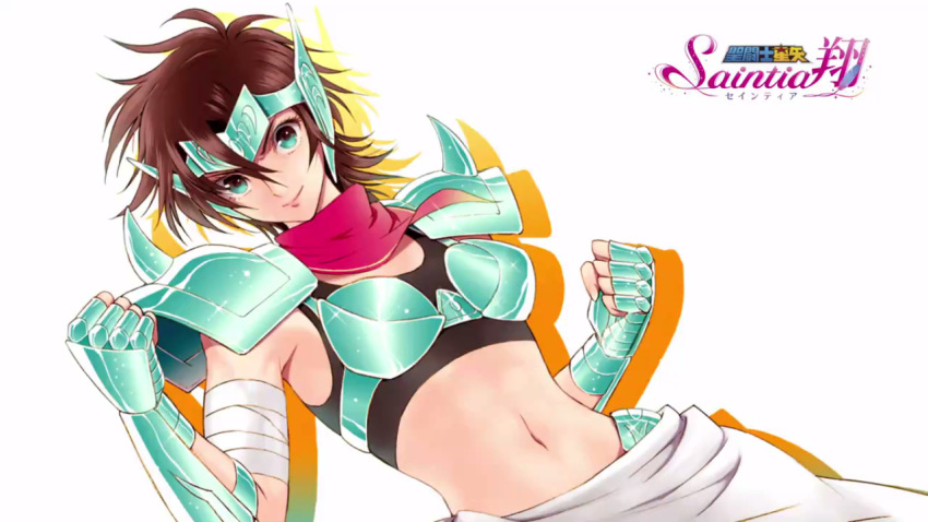 1girl armor bikini_armor black_tank_top brown_hair clenched_hand copyright_name end_card fingerless_gloves gauntlets gloves green_eyes hair_between_eyes looking_at_viewer midriff navel official_art red_neckwear short_hair shoulder_armor simple_background smile solo spaulders standing stomach white_background