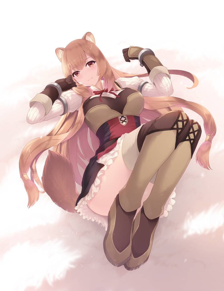 1girl absurdres animal_ears bangs blush boots breasts brown_footwear brown_gloves brown_hair cait closed_mouth cuffs eyebrows_visible_through_hair frilled_skirt frills full_body gloves hair_between_eyes highres huge_filesize large_breasts long_hair long_sleeves looking_at_viewer lying on_back raccoon_ears raccoon_girl raccoon_tail raphtalia red_eyes shackles skirt smile solo tail tate_no_yuusha_no_nariagari thigh-highs thigh_boots very_long_hai