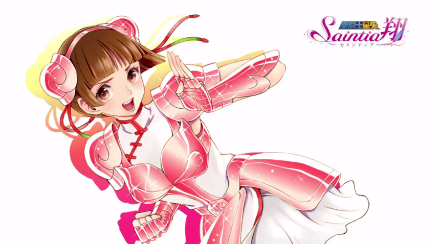 1girl :d armor armored_dress bangs blunt_bangs brown_eyes brown_hair china_dress chinese_clothes clenched_hand copyright_name double_bun dress end_card faulds fingerless_gloves gloves hairband leaning_forward official_art open_mouth pink_hairband shadow short_dress short_hair shoulder_armor simple_background smile solo spaulders standing white_background white_dress