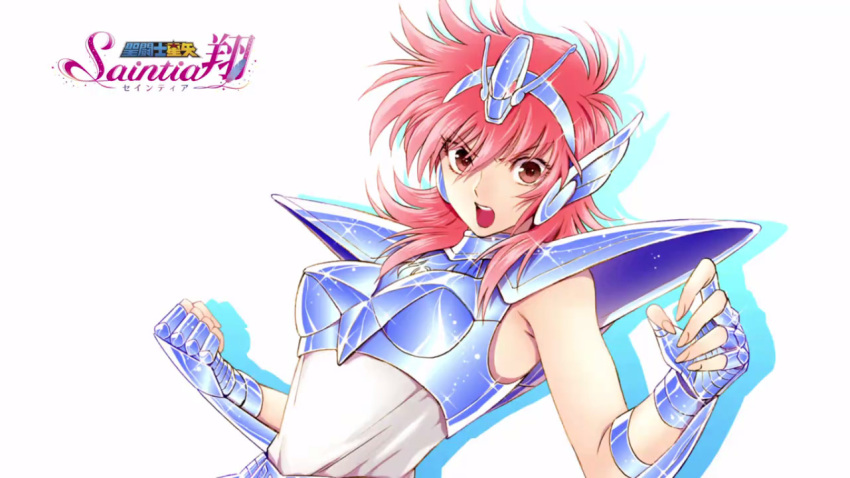 1girl armor armored_dress boobplate breastplate brown_eyes clenched_hand copyright_name dress end_card fingerless_gloves gauntlets gloves hair_between_eyes hairband long_hair looking_at_viewer official_art open_mouth pink_hair shadow shoulder_armor simple_background sleeveless sleeveless_dress solo sparkle spaulders upper_body v-shaped_eyebrows white_background white_dress