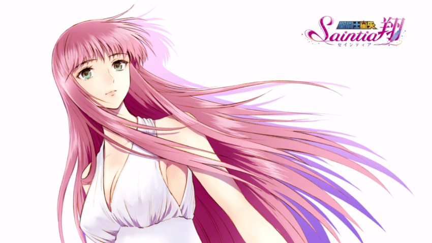 1girl bangs breasts cleavage copyright_name dress dutch_angle end_card eyebrows_visible_through_hair floating_hair green_eyes halterneck long_hair medium_breasts official_art pink_hair shadow sideboob simple_background sleeveless sleeveless_dress solo upper_body very_long_hair white_background white_dress