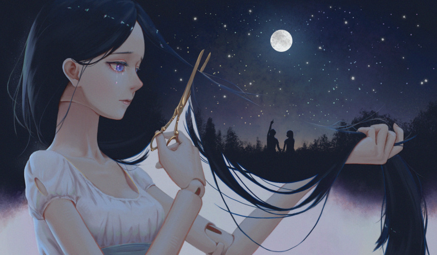 1girl ambiguous_gender arm_up bibido black_hair blue_eyes breasts cleavage crying crying_with_eyes_open doll_joints dress full_moon highres long_hair moon night night_sky original outdoors pointing silhouette sitting sky small_breasts solo standing star_(sky) starry_sky tears tree upper_body white_dress
