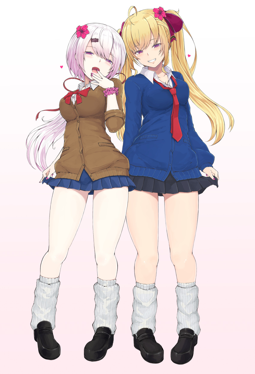 2girls absurdres black_skirt blonde_hair blue_cardigan blue_skirt blush bow bowtie breasts brown_cardigan cardigan cleavage collarbone commentary covering_mouth flower full_body gluteal_fold gradient gradient_background grin gyaru hair_bow hair_flower hair_ornament hair_ribbon hairclip hand_over_own_mouth heart highres large_breasts legs lips long_hair long_sleeves looking_at_viewer loose_necktie loose_neckwear loose_socks medium_breasts microskirt miniskirt multiple_girls nail_polish necktie nijisanji open_mouth pink_eyes pink_hair pink_nails pleated_skirt red_neckwear red_ribbon ribbon scrunchie shiina_yuika skirt smile standing takamiya_rion temari_rin thighs very_long_hair violet_eyes virtual_youtuber