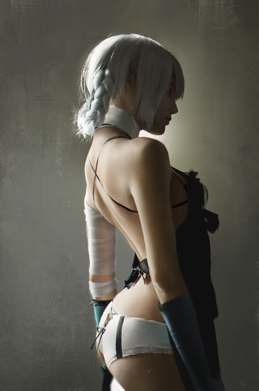 1girl absurdres ass asymmetrical_clothes asymmetrical_hair backless_outfit bandage bandaged_arm bandaged_neck bandages braid butt_crack elbow_gloves from_side gloves highres jingyu_shen kaine_(nier) lingerie negligee nier nier_(series) nose panties realistic shadow short_braid short_hair silver_hair single_braid single_elbow_glove solo spaghetti_strap underwear white_panties