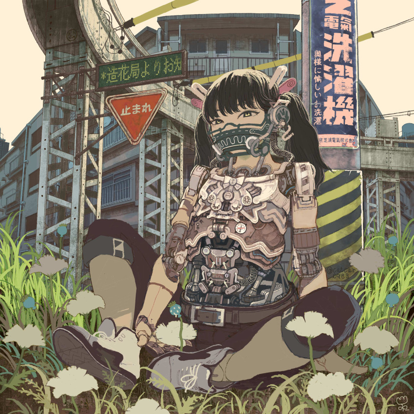 1girl android belt black_hair black_pants bow building catcar0983 flower full_body grass highres long_hair looking_at_viewer no_mouth original outdoors pants plant robot robot_joints shoes sign sitting solo twintails white_footwear yellow_eyes