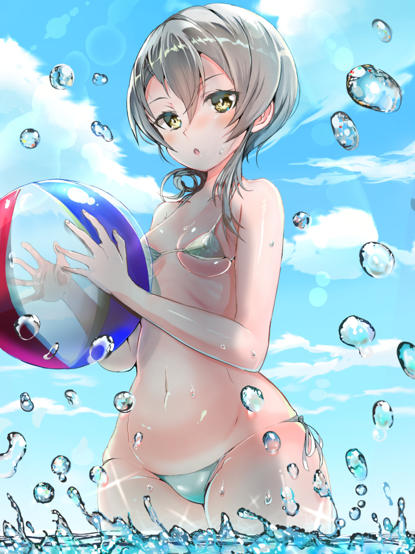 1girl 51_(akiduki) alternate_costume asymmetrical_hair ball beachball bikini blush breasts eyebrows_visible_through_hair flipped_hair hair_between_eyes highres kantai_collection micro_bikini navel nowaki_(kantai_collection) open_mouth silver_hair small_breasts solo swimsuit tan tanline water_drop yellow_eyes