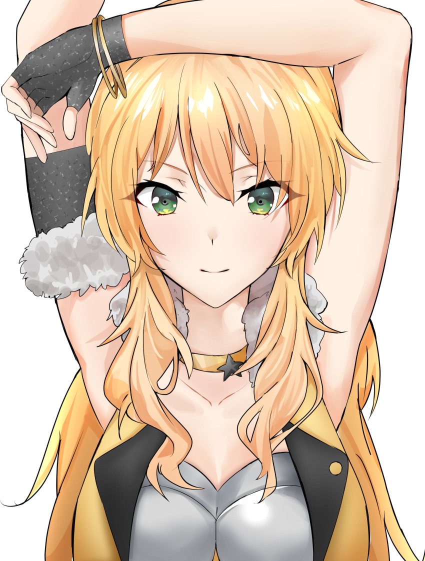 1girl absurdres armpits benten_(ioj3446) black_gloves blonde_hair breasts choker cleavage collarbone commentary_request eyebrows_visible_through_hair face fingerless_gloves fur_trim gloves green_eyes hair_between_eyes highres hoshii_miki idolmaster idolmaster_million_live! idolmaster_million_live!_theater_days long_hair looking_at_viewer medium_breasts sleeveless smile solo star upper_body yellow_choker