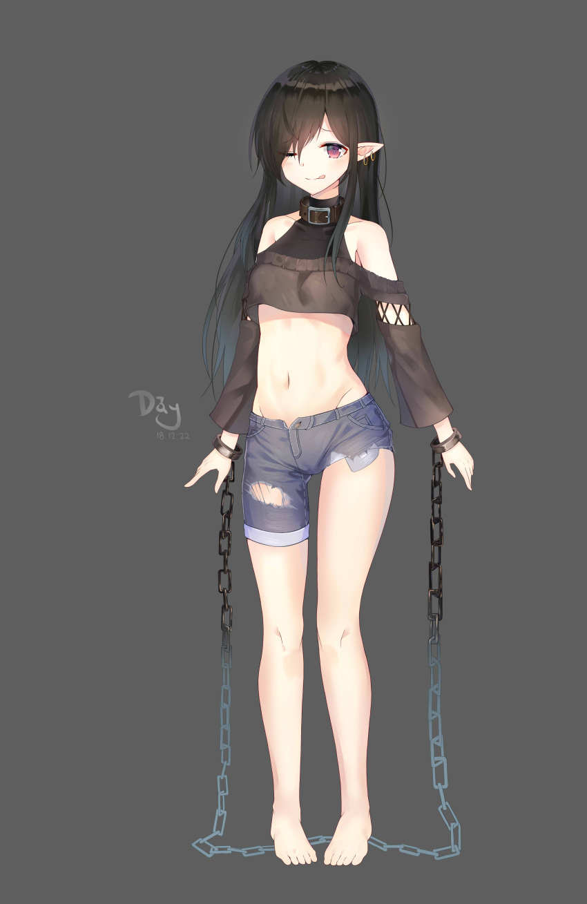 1girl :q absurdres artist_name bare_legs bare_shoulders barefoot black_hair blush breasts brown_collar chain chained chains collar collarbone commentary_request crop_top crop_top_overhang cuffs dated denim denim_shorts earrings elf exposed_pocket full_body grey_background groin handcuffs highres jeans jewelry long_hair long_sleeves looking_at_viewer lunati medium_breasts midriff navel off_shoulder one_eye_closed open_fly original pants pointy_ears red_eyes shackles shorts sidelocks simple_background smile solo standing stomach thighs tongue tongue_out torn_clothes torn_shorts