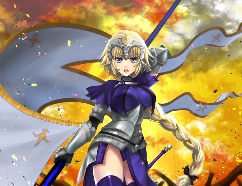 1girl armor armored_dress banner black_bow blonde_hair blue_dress blue_eyes blue_legwear blue_panties bow braided_ponytail chi_wa clouds cowboy_shot dress fate/apocrypha fate_(series) faulds floating_hair gauntlets hair_bow holding jeanne_d'arc_(fate) jeanne_d'arc_(fate)_(all) long_hair looking_at_viewer open_mouth panties sheath sheathed solo sunlight sword thigh-highs underwear very_long_hair weapon yellow_sky