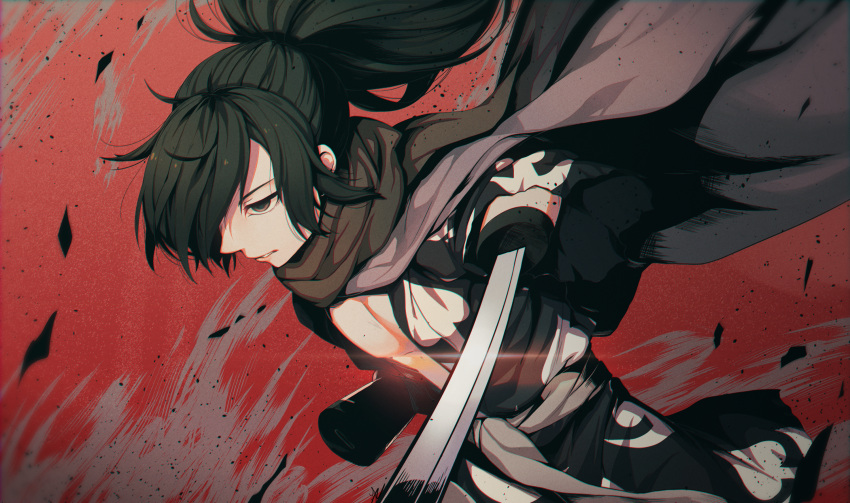 1boy amputee black_hair brown_eyes cape dororo_(tezuka) dutch_angle hair_over_one_eye highres hyakkimaru_(dororo) japanese_clothes katana long_hair missing_limb ponytail prosthesis red_background scarf solo sword weapon y.i._(lave2217)