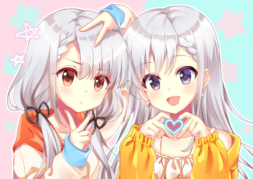 2girls :d blouse blue_eyes braid brown_eyes casual collarbone double_v earrings frills hair_ribbon heart heart_hands highres hisakawa_hayate hisakawa_nagi hood hoodie idolmaster idolmaster_cinderella_girls idolmaster_cinderella_girls_starlight_stage jewelry low_twintails mugi_(user_khzh5853) multiple_girls necklace open_mouth pose ribbon siblings silver_hair smile twins twintails upper_body v