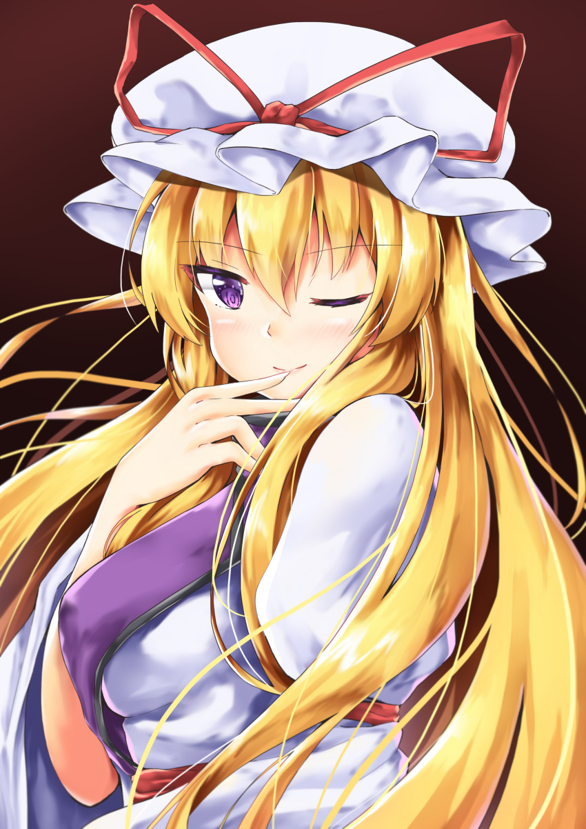 1girl ;) absurdres akiteru98 bangs blonde_hair blush breasts brown_background commentary dress eyebrows_visible_through_hair finger_to_mouth gradient gradient_background hair_between_eyes hand_up hat hat_ribbon highres juliet_sleeves large_breasts long_hair long_sleeves looking_at_viewer mob_cap one_eye_closed puffy_sleeves red_ribbon ribbon smile solo tabard touhou upper_body very_long_hair violet_eyes white_dress white_headwear wide_sleeves yakumo_yukari