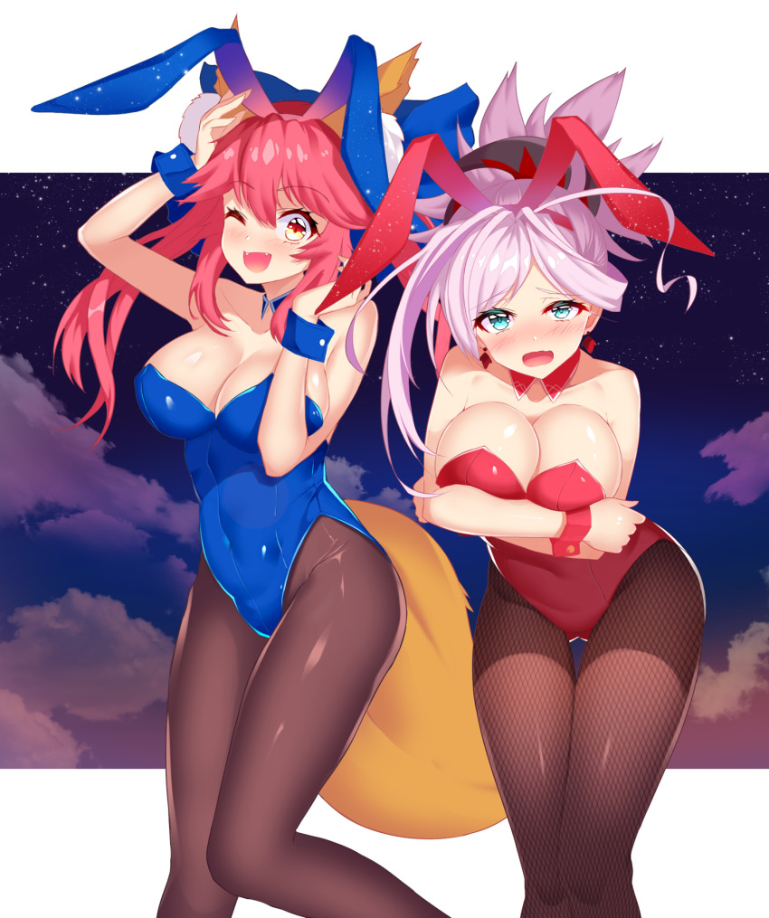 2girls animal_ear_fluff animal_ears asymmetrical_hair bare_shoulders black_leotard blue_eyes blush breast_hold breasts bunny_girl bunnysuit cleavage collarbone covered_navel extra_ears eyebrows_visible_through_hair fake_animal_ears fang fate/extra fate/grand_order fate_(series) fox_ears fox_girl fox_tail hair_ornament highres large_breasts leotard looking_at_viewer miyamoto_musashi_(fate/grand_order) multiple_girls night night_sky one_eye_closed open_mouth outdoors pantyhose paws pink_hair ponytail rabbit_ears sky star star_(sky) starry_sky strapless strapless_leotard tail tamamo_(fate)_(all) tamamo_no_mae_(fate) wrist_cuffs yellow_eyes yuruto