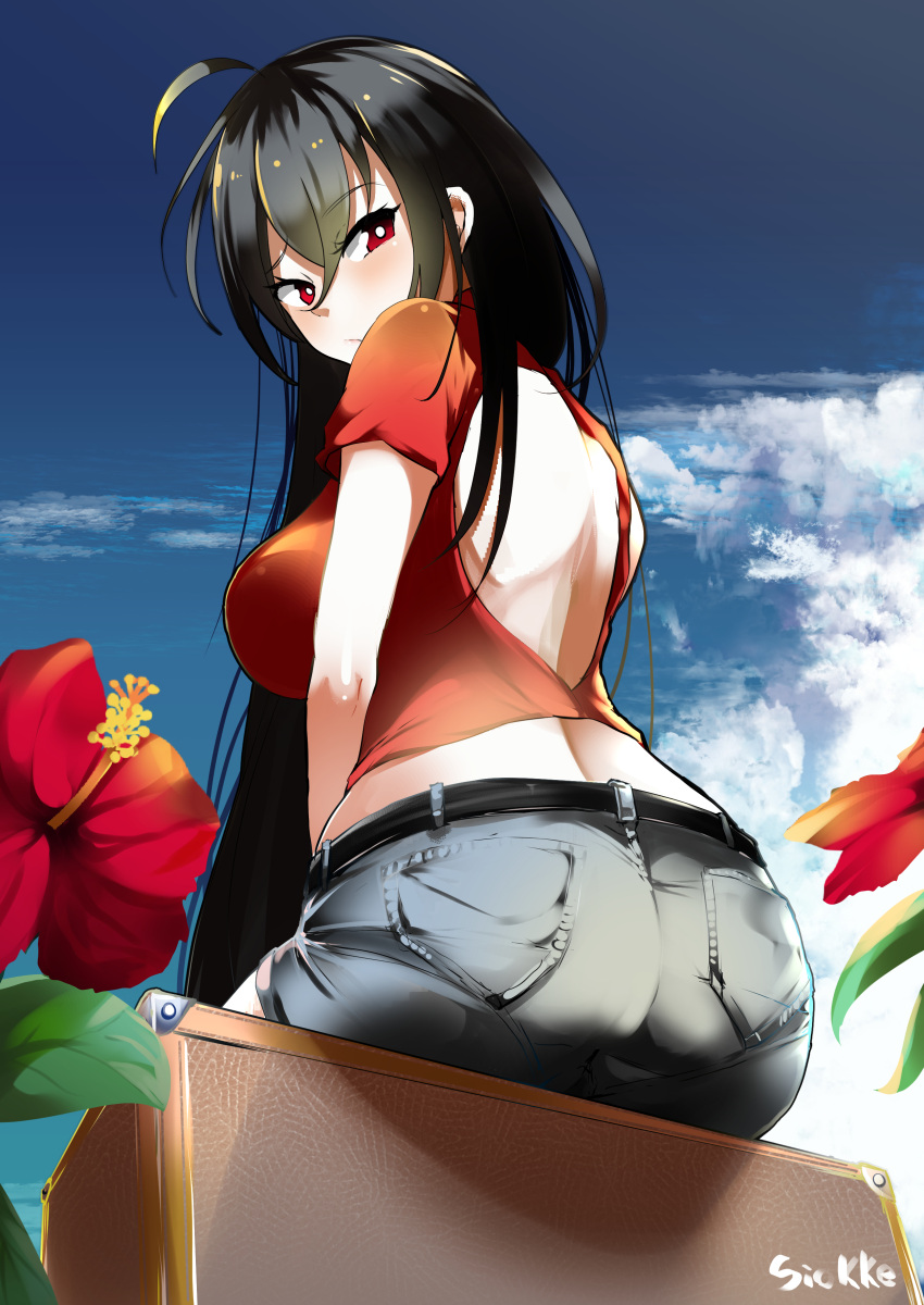 1girl absurdres ahoge alternate_costume artist_name ass azur_lane backless_outfit bangs bare_back belt black_belt black_hair blue_sky casual clouds cloudy_sky commentary_request crossed_bangs denim eyebrows_visible_through_hair flower from_behind hibiscus highres jeans long_hair looking_at_viewer looking_back midriff outdoors pants pantylines red_eyes red_shirt shiozuke_ikura shirt shorts sitting sky solo taihou_(azur_lane) very_long_hair