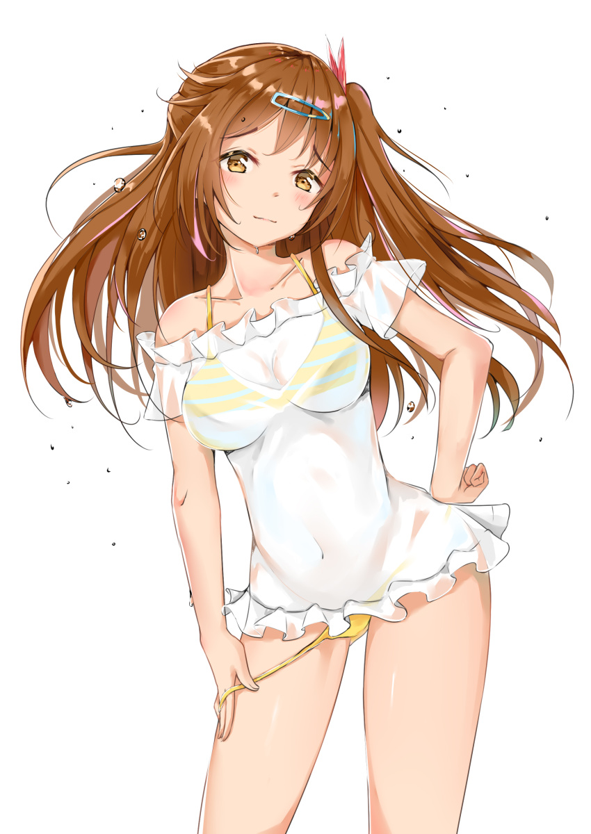 1girl absurdres artist_request bare_arms bare_legs bare_shoulders bikini bikini_pull blush breasts brown_eyes brown_hair chuunibyou_demo_koi_ga_shitai! collarbone commentary_request hair_between_eyes hair_ornament hairclip hand_on_hip highres kyoto_animation large_breasts long_hair navel nibutani_shinka one_side_up shirt short_sleeves simple_background solo standing swimsuit tming wet wet_clothes white_background yellow_bikini