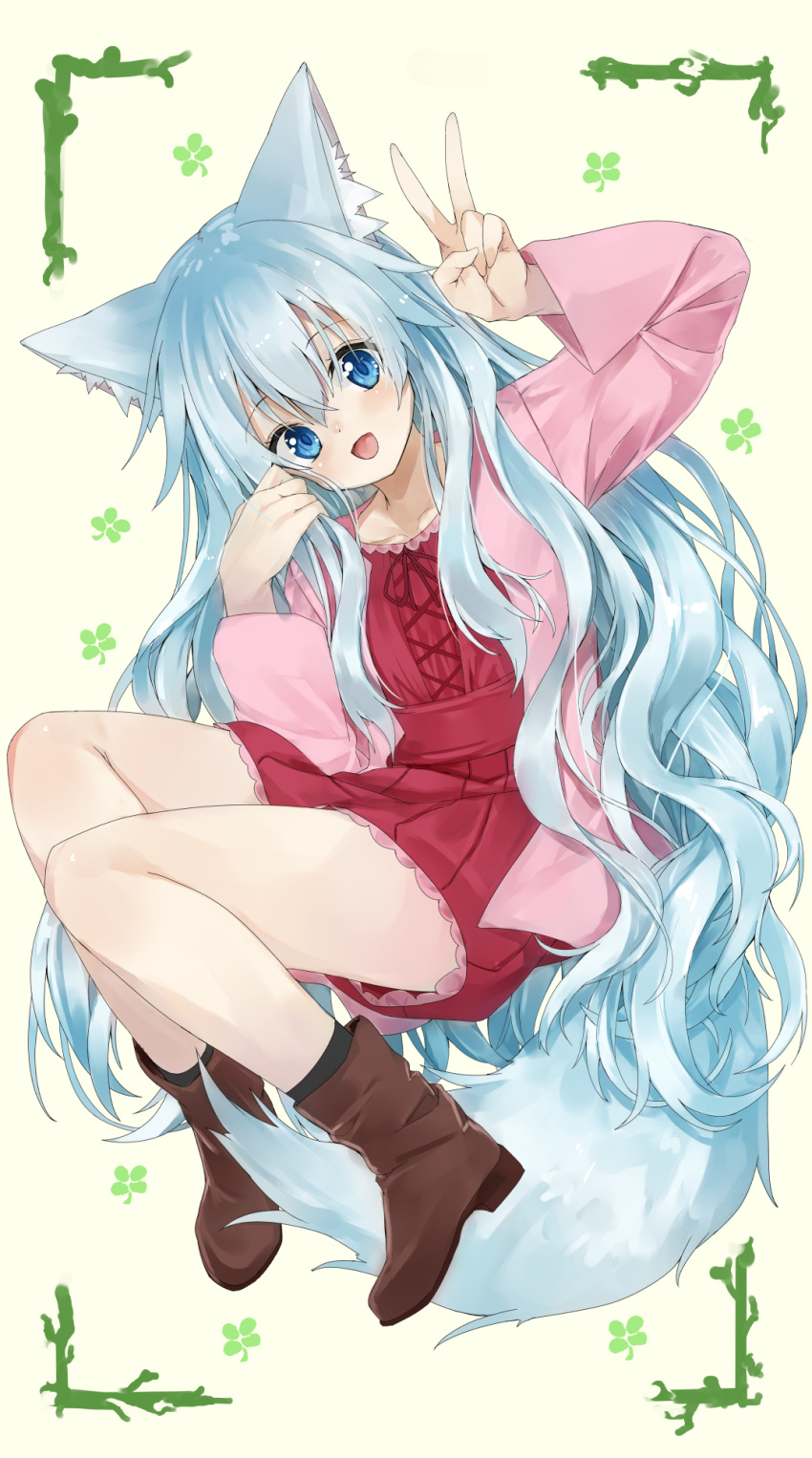 1girl :d animal_ears blue_eyes boots brown_footwear cardigan clover commentary_request dress four-leaf_clover fox_ears fox_girl fox_tail frilled_dress frills highres light_blue_hair long_hair long_sleeves open_cardigan open_clothes open_mouth original red_dress sash simple_background smile tail v very_long_hair waichi