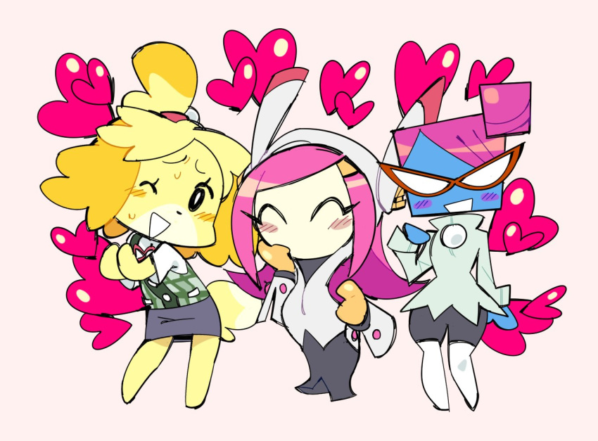 3girls ;d animal animal_crossing animal_crossing:_new_leaf black_pants blue_skin boots bow bright_pupils commentary crossover dog doubutsu_no_mori english_commentary furry glasses hair_bun hal_laboratory_inc. hand_on_own_chest heart hoshi_no_kirby humanoid_robot intelligent_systems isabelle_(animal_crosing) kirby:_planet_robobot kirby_(series) long_hair looking_at_viewer super_mario_bros. multiple_crossover multiple_girls nastasia nintendo nintendo_ead no_humans one_eye_closed opaque_glasses open_mouth pants paper_mario pink_background pink_hair plaid robot robot_girl shizue_(doubutsu_no_mori) simple_background skirt smile super_paper_mario super_smash_bros. susie_(kirby) sweat tobidase:_doubutsu_no_mori trait_connection white_footwear