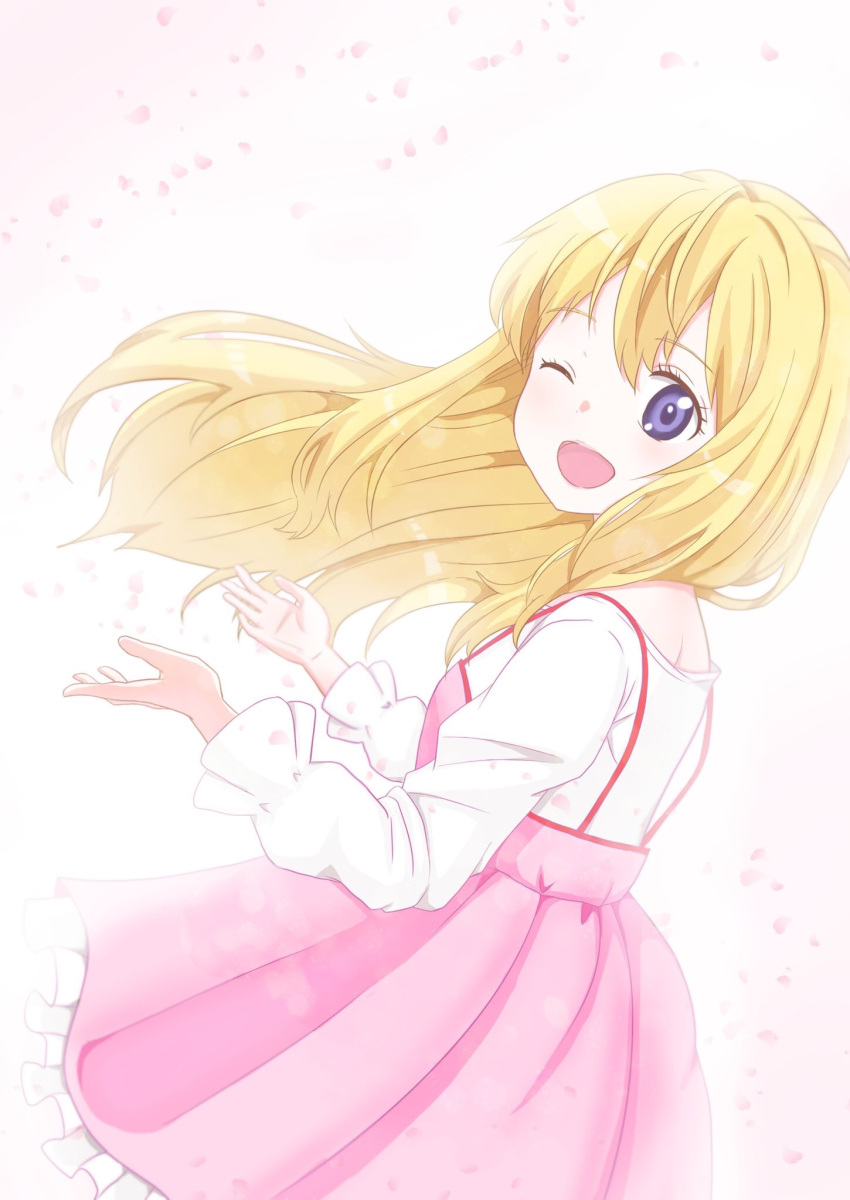 1girl bangs blonde_hair blue_eyes cherry_blossoms commentary_request dress eyebrows_visible_through_hair from_side hair_between_eyes happy highres long_hair long_sleeves looking_at_viewer miyazono_kawori one_eye_closed open_mouth piatin pink_dress shigatsu_wa_kimi_no_uso shirt simple_background solo white_background white_shirt