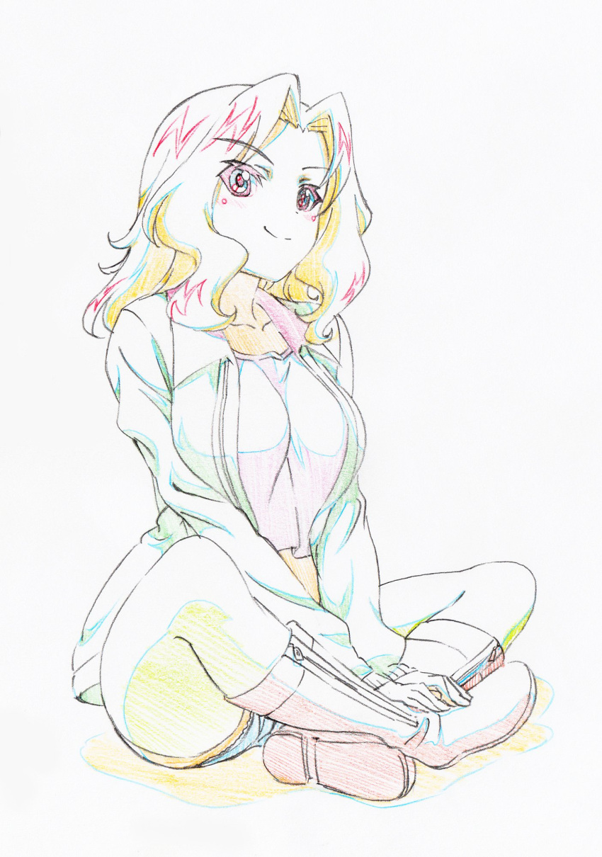 1girl black_footwear black_shirt blonde_hair blue_eyes blue_shorts boots brown_jacket color_trace colored_pencil_(medium) commentary cutoffs denim denim_shorts eyebrows_visible_through_hair full_body girls_und_panzer hair_intakes hands_on_own_legs highres indian_style jacket kay_(girls_und_panzer) long_hair long_sleeves looking_at_viewer midriff military military_uniform open_clothes open_jacket pink_x saunders_military_uniform shadow shirt short_shorts shorts sitting smile solo thigh-highs traditional_media uniform white_legwear zipper