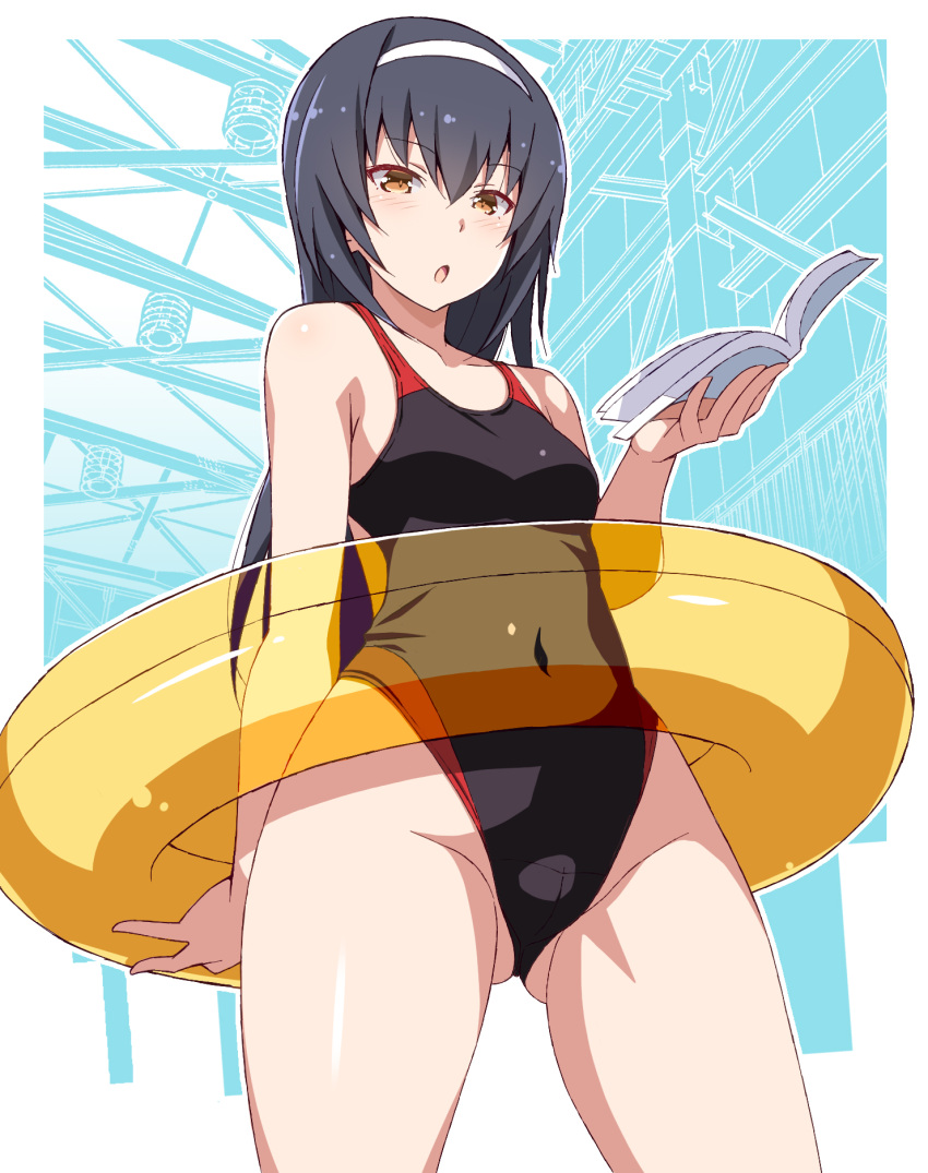 1girl black_hair black_swimsuit blue_background book brown_eyes competition_swimsuit covered_navel from_below girls_und_panzer hairband highres innertube long_hair looking_at_viewer nakamura_yukitoshi one-piece_swimsuit reizei_mako solo swimsuit white_hairband