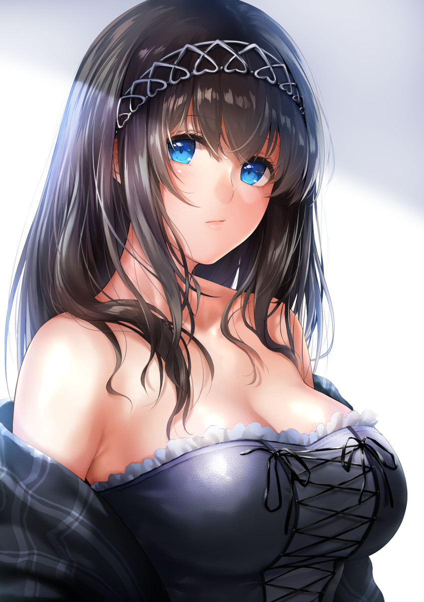 1girl bangs barre black_dress black_hair blue_eyes breasts cleavage closed_mouth commentary_request dress expressionless eyebrows_visible_through_hair eyes_visible_through_hair frilled_dress frills hairband highres idolmaster idolmaster_cinderella_girls khanka_shui large_breasts long_hair looking_at_viewer off-shoulder_dress off_shoulder sagisawa_fumika shawl simple_background solo straight_hair upper_body